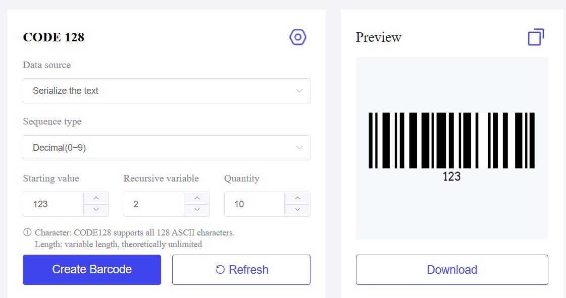 Serial number barcode generator